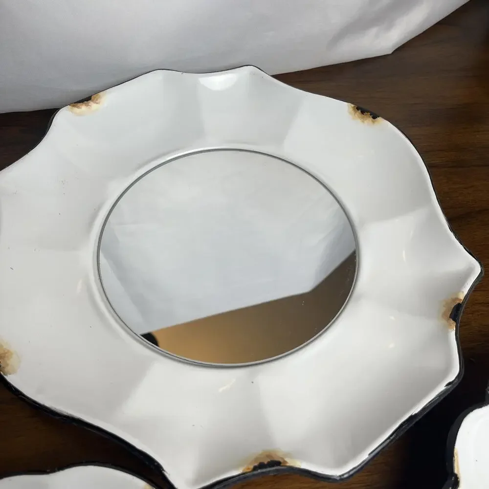 3 Piece White Mirror Set Shabby Chic Distressed Farmhouse Faux-Enamelware Rustic